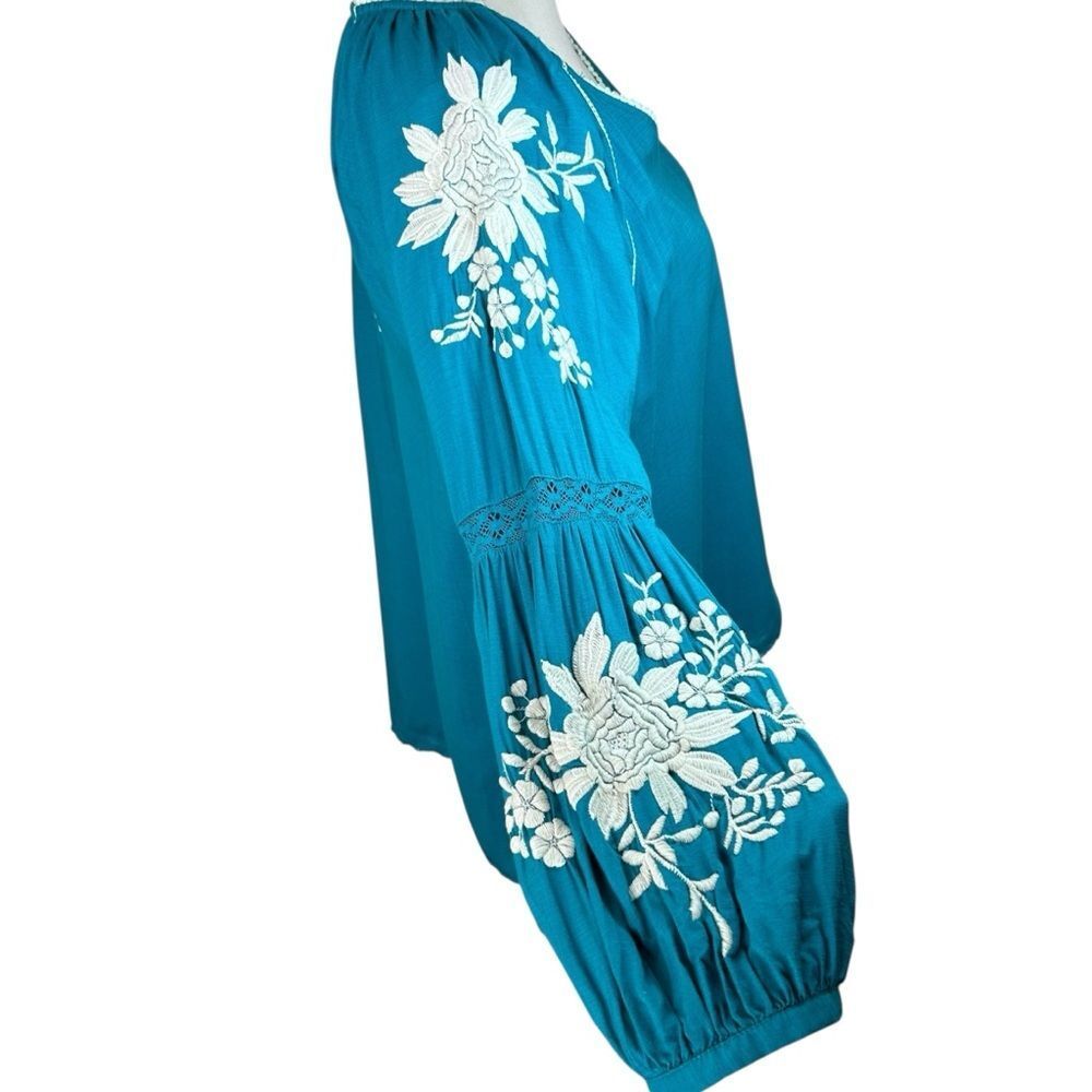 Sundance Naomi‎ Isles Embroidered Boho Peasant Blouse Teal Blue PM Petite Medium - Picture 2 of 5